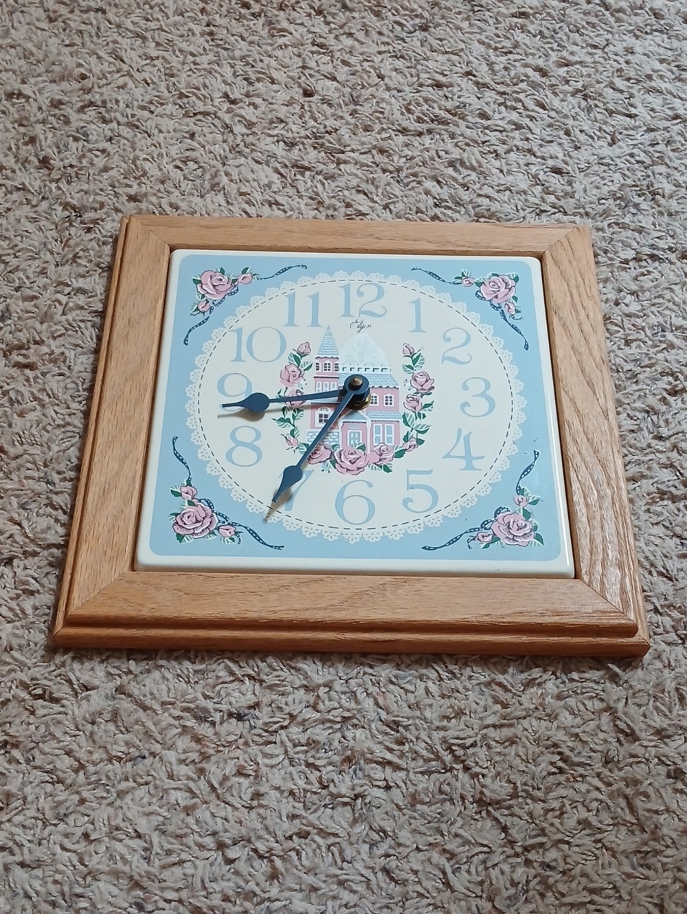 Floral Cottage Square Wall Clock with Oak Frame - Blue and Pink